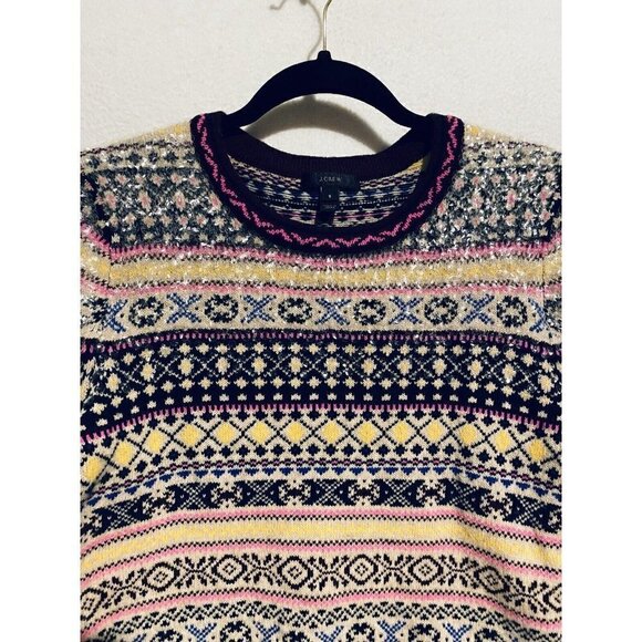 J Crew Sweater Womens Small Fair Isle Lambs Wool Sequin Crew Neck Pullover E5663 - Picture 3 of 9